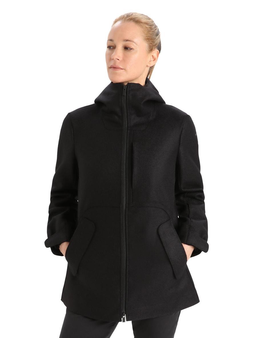 Black Women\'s Icebreaker Felted Merino Hooded Jackets | USA 1652WNBY